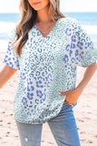 Sky Blue Mixed Leopard Print V Neck Short Sleeve Blouse