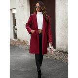Women Lapel Open Front Mid Length Wool Blend Coat, Elegant Long Sleeve Casual Outerwear for Fall Winter, 2 Colors Wine Red / Black