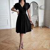 Women's Minimalist Soft Wrap V-Neck Ruffle Sleeve High-Waist Flared A-Line Midi Dress - Solid Color Elegant Chic Casual Wear Cocktail Dress with Hip-Flattering Skirt