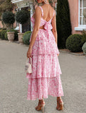 Women's Gorgeous Boho Floral Tiered Maxi Dress - Square Neck, Spaghetti Straps, Back Tie Bow, Cutout, Soft Ruffled Flowy Fabric, Adjustable, Comfortable Piece for Day Vacation Beach