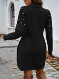 Women's pearl-embellished high-neck knit sweater dress with puff long sleeves, slim fit, bodycon, short length