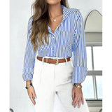 Women's All-Season Lightweight Striped Cuffed Button-Up Long Sleeve Blouse - Lapel, Chest Pocket, Loose-Fit Style Piece, Everyday Casual Office Work Basic Tops for Women