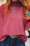 Pink Stripe Textured Round Neck Drop Shoulder Long Sleeve T Shirt