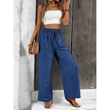 Women's Elastic High Waist Breathe-Fabric Wide Leg Pants - Adjustable Drawstring, Flowing Cut Casual Outfits Women Summer Beach Trousers