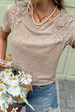 Smoke Gray Solid Color Lace Patched Detail Round Neck Tee