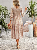Women's Chic Traditional Colorful Flower Print Casual Boho Ruffle A-Line Mid-Length Dress - Round Neck, Shirred, Beach Wear, Womens Dresses,sohochic