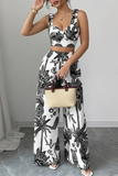 Womens Casual Vacation Plant Printed Tank Top Wide Leg Pants Set