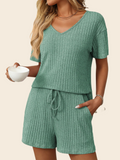 Solid Color Pit Strip Pajamas Short-sleeved Loungewear Set