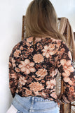 Black Floral Print Mesh Mock Neck Long Sleeve Top
