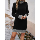 Women's Casual Turtleneck Striped Color Block Knit Mini Dress - Long Sleeve, Loose, Lightweight, Soft, Simple Solid Bottom Dress for Fall Winter, Coat-Friendly Outdoor Wear