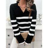 Women's Soft Ribbed Striped Polo Collar V-Neck Long-Sleeve Loose Drop-Shoulder Casual Pullover Tops - Fall Winter Sweaters, Striped Sleeve Pullovers