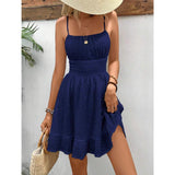 Women Square Neck Spaghetti Strap Mini Dress, Smocked Waist Textured Ruffle Hem A-line Summer Sundress for Beach Vacation