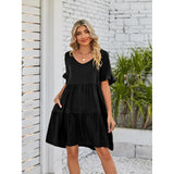 Women's Oversized Minimalist V-Neck Ruffle Short-Sleeve Tiered Midi Dress - Lightweight Soft Basic Breathable Fabric, Feminine Casual Summer Wear