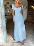 Women's Casual Off-Shoulder Short Sleeve Corset Maxi Dress - Square Neck, Back Tie-Up, Drawstring Bust, Comfortable Cute Flowy Poly-Elastane Cocktail Dress for Wedding Guests, Party Occasions