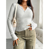 Women's Slim Fit Henley Long Sleeve Crop Top - Soft Stretchy Knit Basic Tee with Thumb Hole Cuffs, Button V-Neck - Casual Y2K Streetwear Daily Top