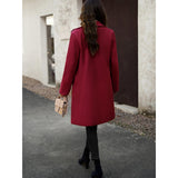 Women Lapel Open Front Mid Length Wool Blend Coat, Elegant Long Sleeve Casual Outerwear for Fall Winter, 2 Colors Wine Red / Black