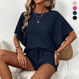Women's 2-Piece Oversized Lightweight Basic Loose Waffle Knit Loungewear Set - Round Neck Batwing Sleeve Top, Adjustable Drawstring Elastic Shorts for Beach, Nightwear Tracksuit