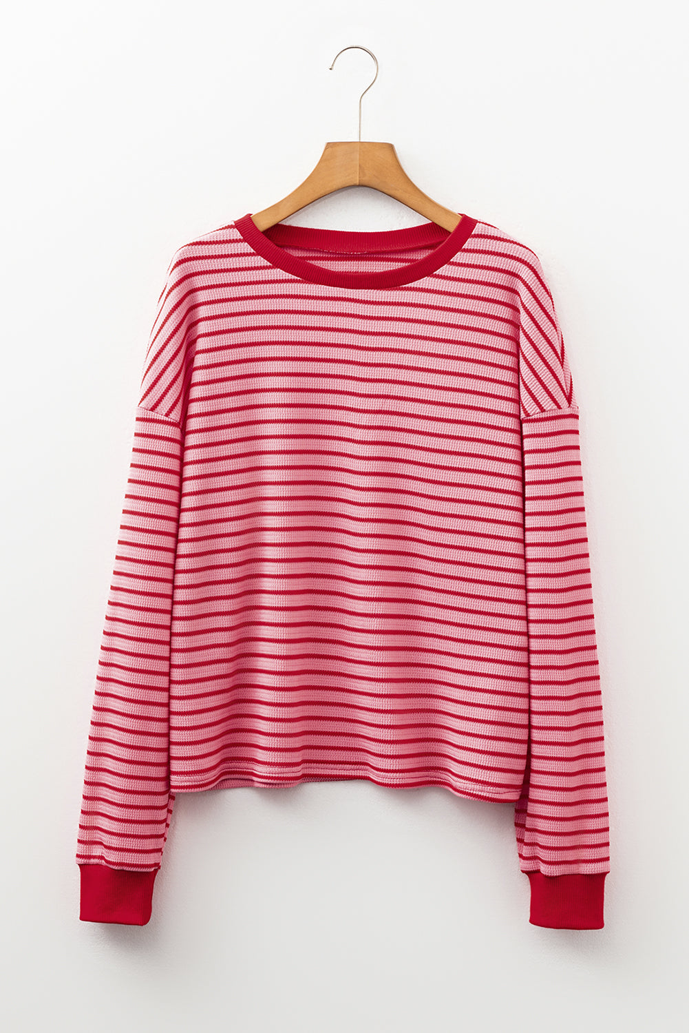 Pink Stripe Textured Round Neck Drop Shoulder Long Sleeve T Shirt