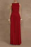 Women Solid Color Pleated Waist Dress Long Dress