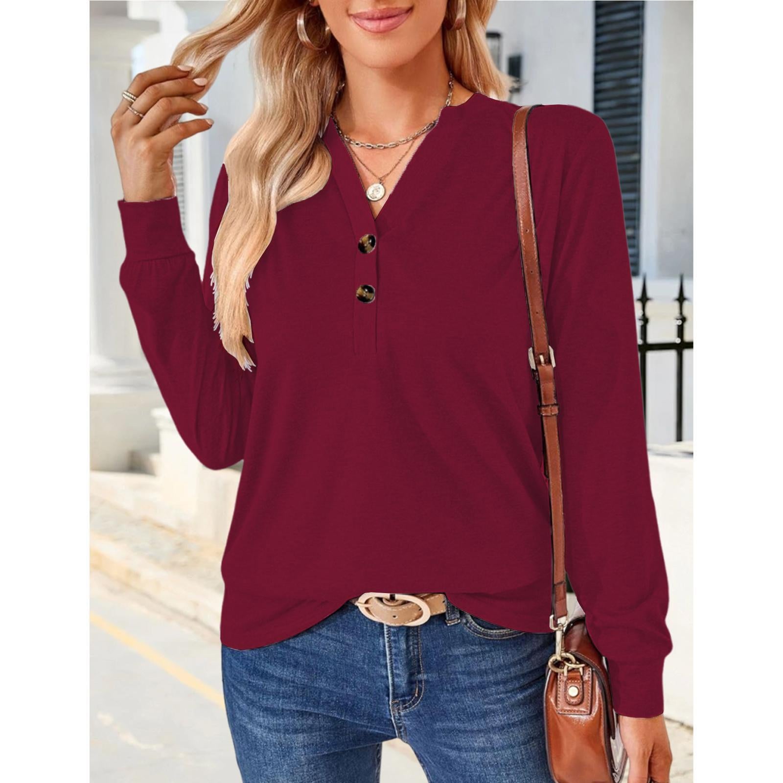 Women's Breathable Henley Long-Sleeve V-Neck Button-Decor Casual Loose Solid Minimalist Tunic Blouse, Everyday Hip Fall Basic Top for Layering Under Jackets