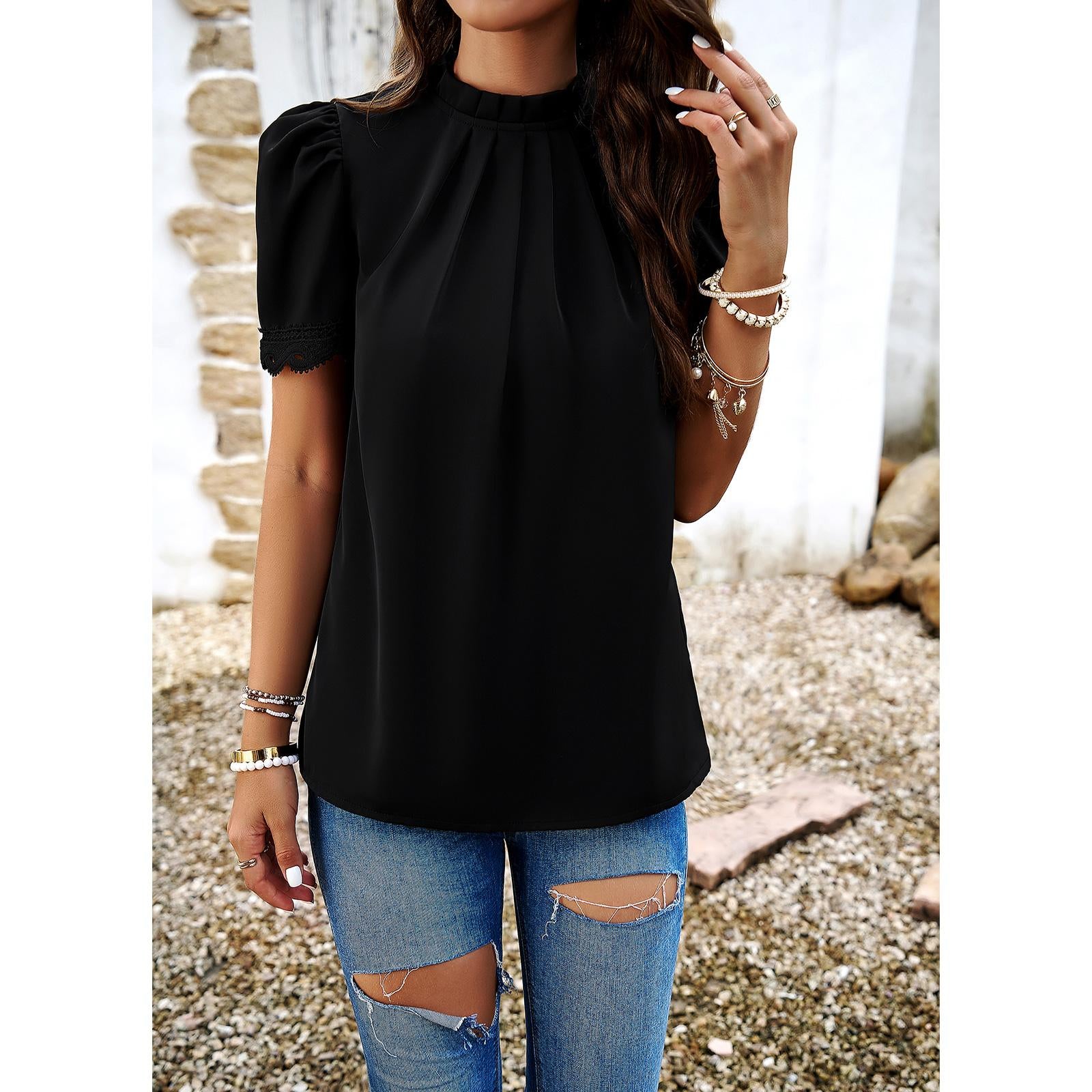 Women's Mock Neck Puff Short Sleeve Blouse, Elegant Lace Trim Pleated Front Loose Fit Summer Chiffon Tunic Top for Office Casual