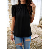 Women's Mock Neck Puff Short Sleeve Blouse, Elegant Lace Trim Pleated Front Loose Fit Summer Chiffon Tunic Top for Office Casual
