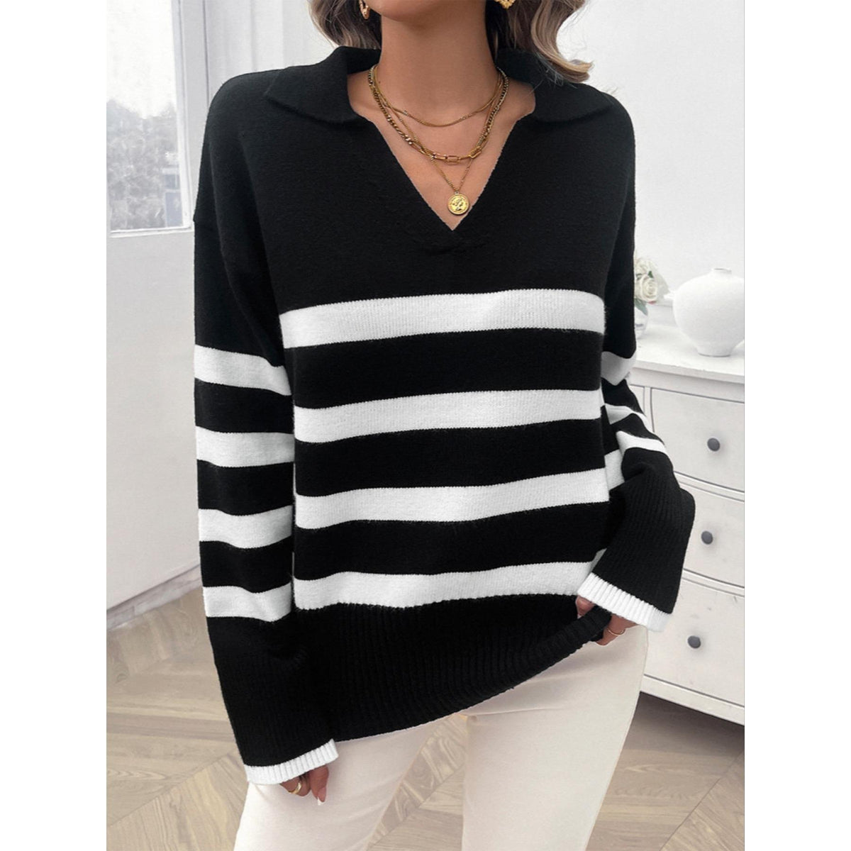Women Polo Collar Striped Knit Sweater, Long Sleeve Color Block Loose Fit Fall Winter Casual Pullover Top