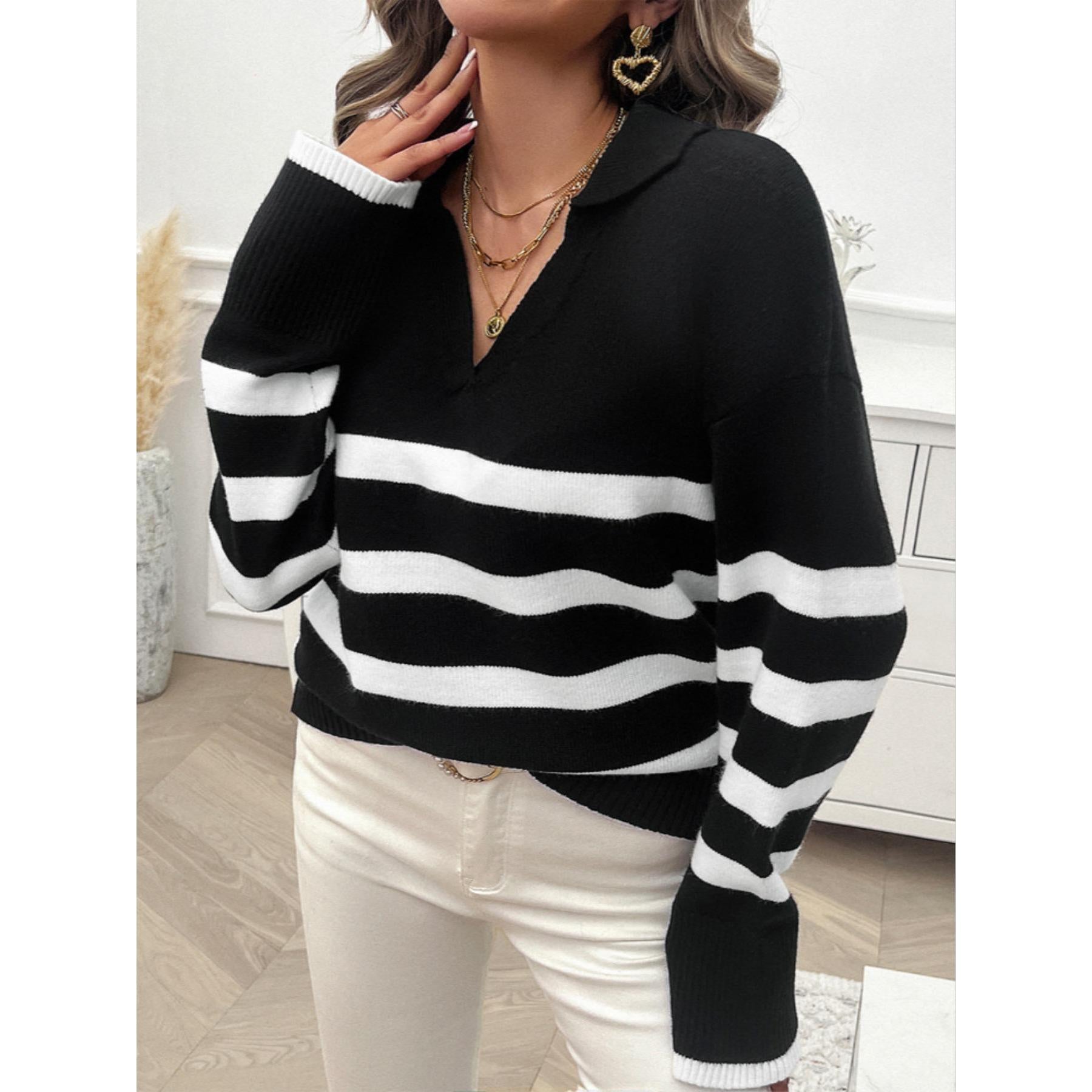 Women's Soft Ribbed Striped Polo Collar V-Neck Long-Sleeve Loose Drop-Shoulder Casual Pullover Tops - Fall Winter Sweaters, Striped Sleeve Pullovers