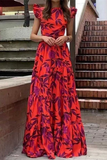 Womens Lotus Leaf Sleeve Print Long Dress