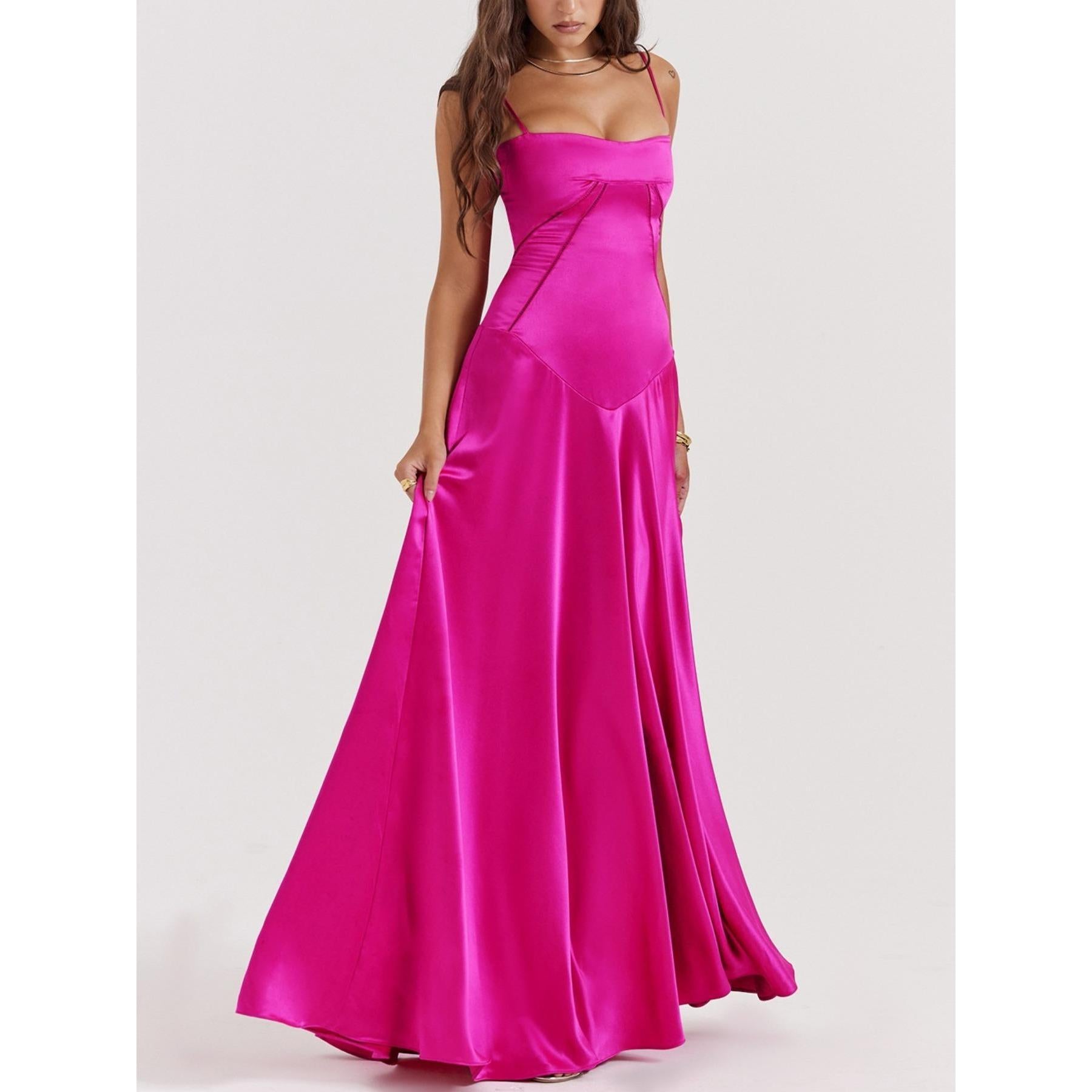 Women Satin Spaghetti Strap Maxi Dress Square Neck Corset Lace Up Back Formal Evening Gown Wedding Guest Prom Party Long Dre. sss