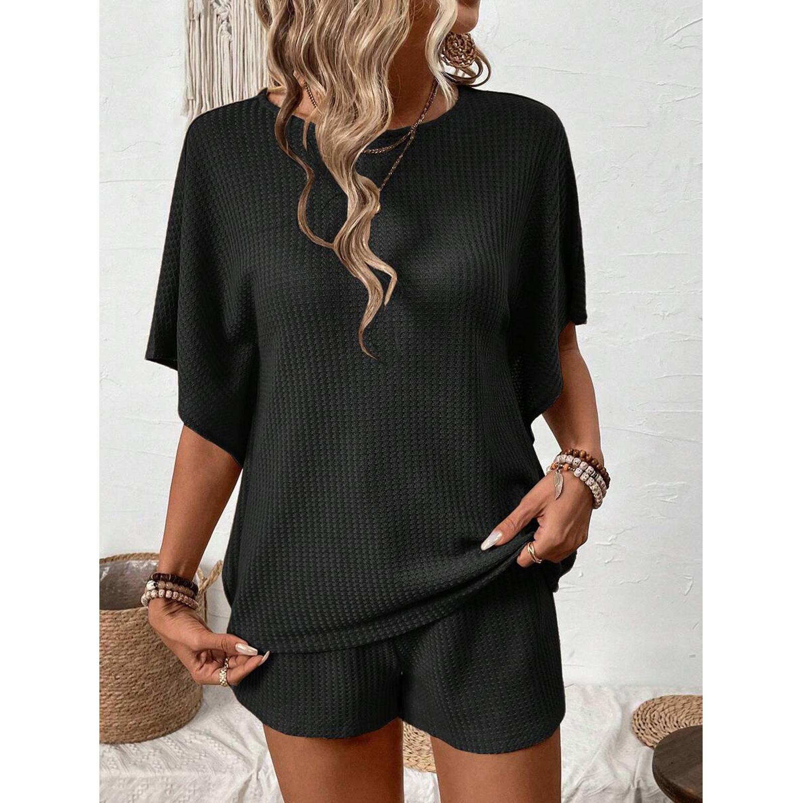 Women's 2-Piece Oversized Lightweight Basic Loose Waffle Knit Loungewear Set - Round Neck Batwing Sleeve Top, Adjustable Drawstring Elastic Shorts for Beach, Nightwear Tracksuit