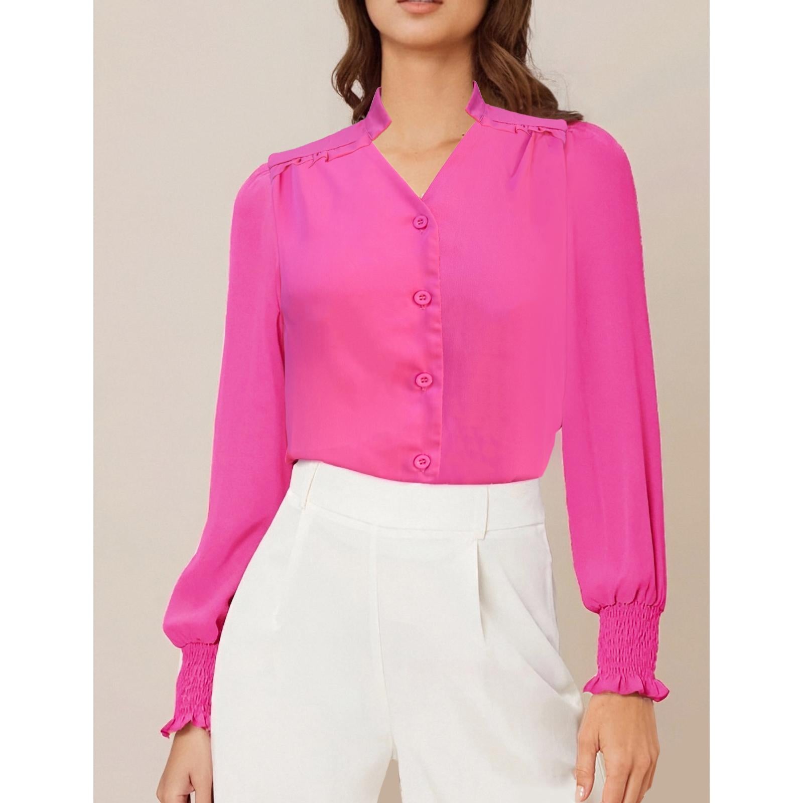 Women's V-Neck Ruffle Collar Long Sleeve Blouse, Smocked Cuff Button Down Puff Sleeve Elegant Work Chiffon Top