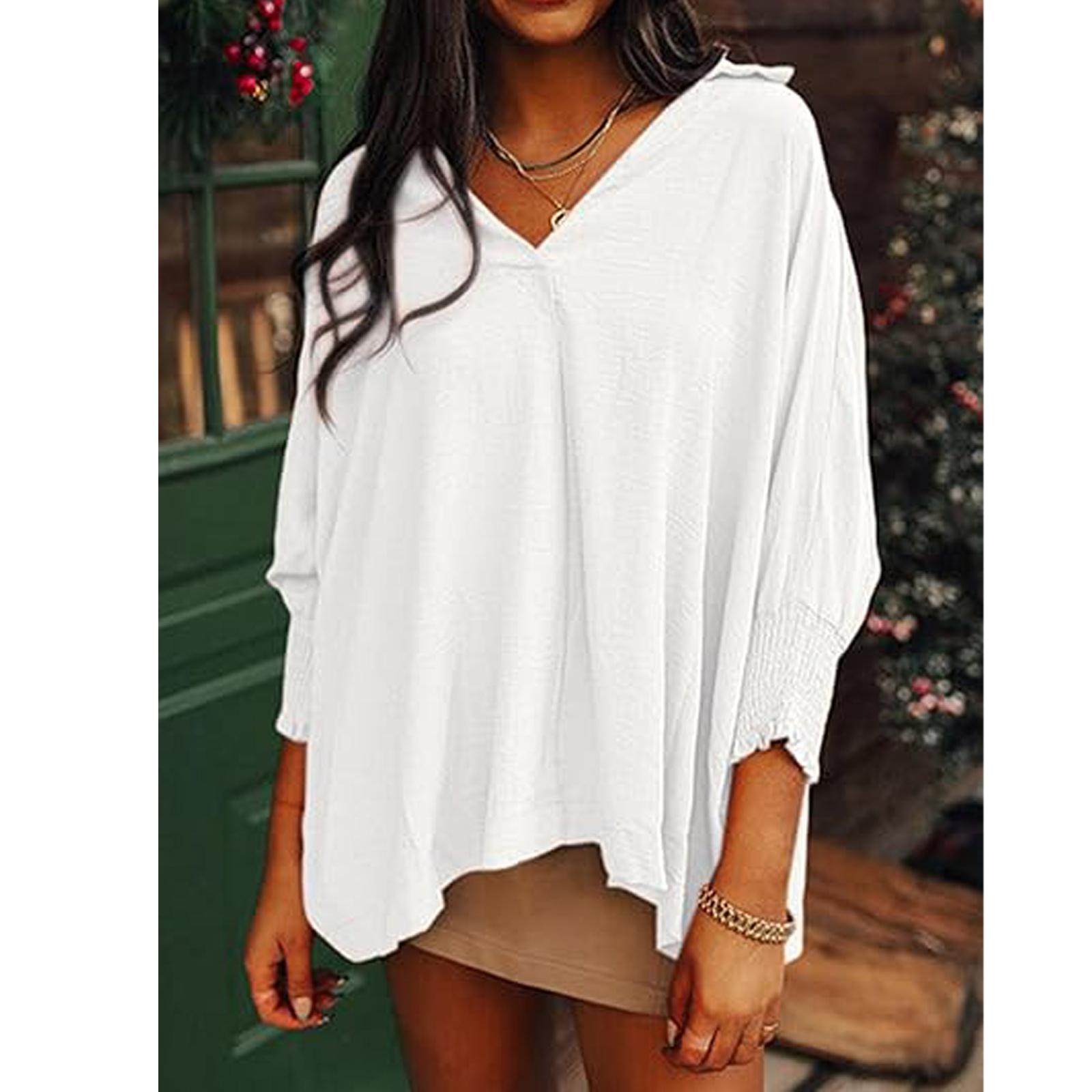 Women V Neck Collared Tunic Blouse, Oversized Loose 3/4 Lantern Smocked Sleeve Textured Casual Longline Shirt