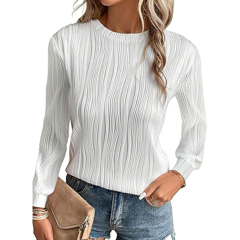 Women Wavy Textured Crew Neck Long Sleeve Top, Casual Lantern Sleeve Loose Fit Solid Color Basic Blouse, Fall Daily Wear Shirts