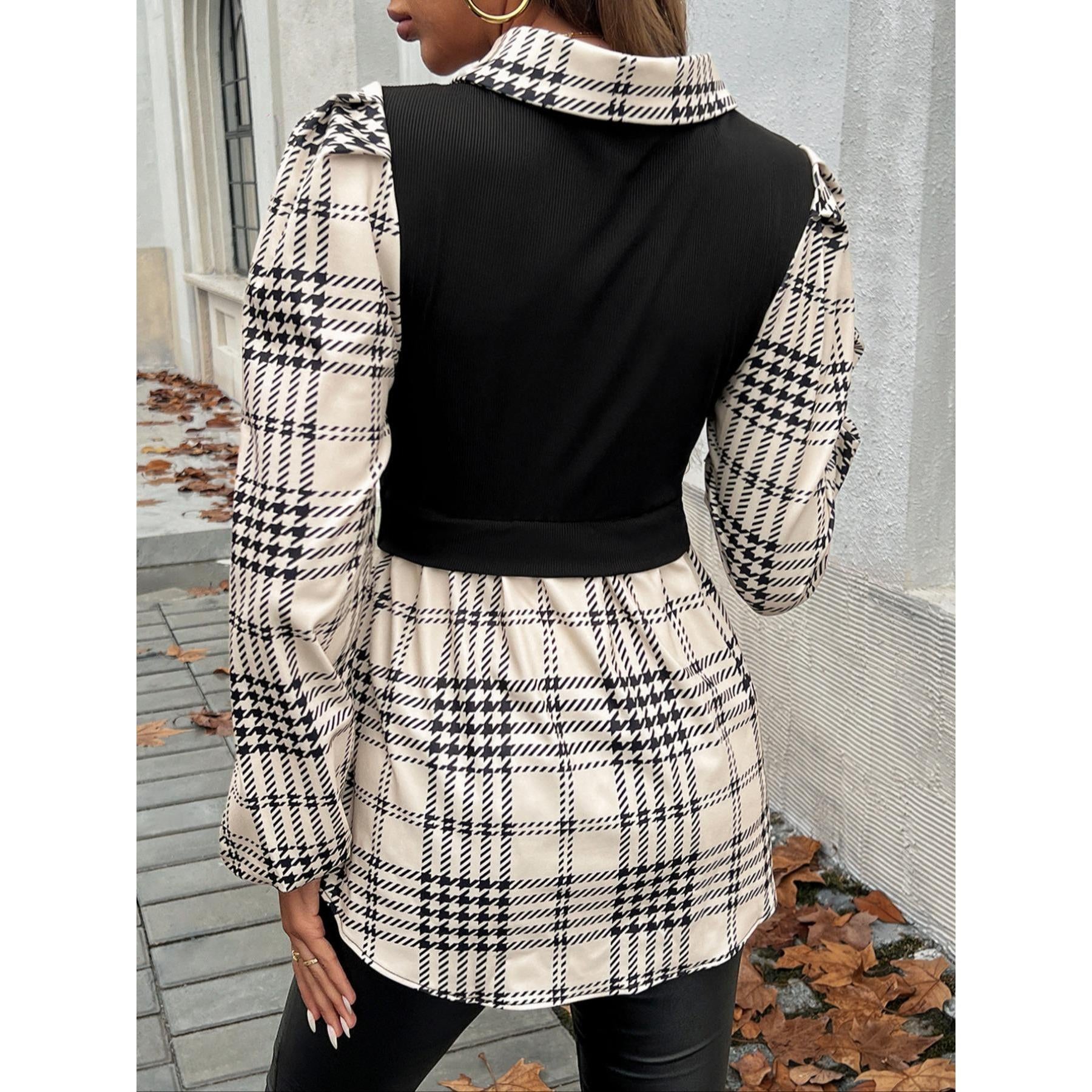 Lady's Ribbed Basic Chic Fabric Fake 2-Piece Peplum Blouse - Collared Puff Long Sleeve Print Patchwork Tunic Top, Elegant Casual Fall Womenswear