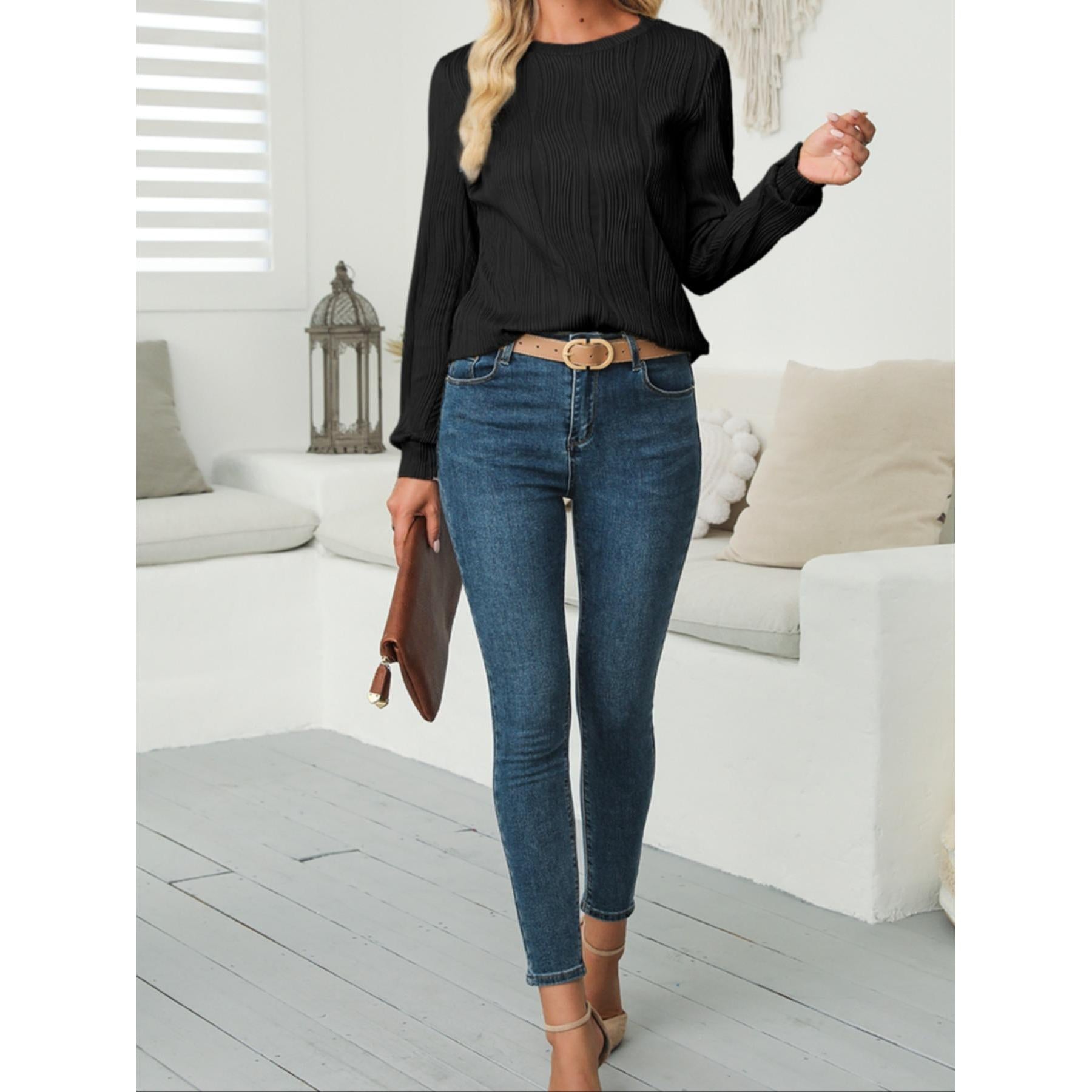 Women Wavy Textured Crew Neck Long Sleeve Top, Casual Lantern Sleeve Loose Fit Solid Color Basic Blouse, Fall Daily Wear Shirts