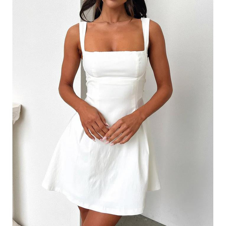 Women's Elegant Back Bow Cutout Sleeveless Square Neck Flare Mini Dress - Ideal for Date Night, Wedding Guest Dresses