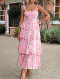 Women's Gorgeous Boho Floral Tiered Maxi Dress - Square Neck, Spaghetti Straps, Back Tie Bow, Cutout, Soft Ruffled Flowy Fabric, Adjustable, Comfortable Piece for Day Vacation Beach