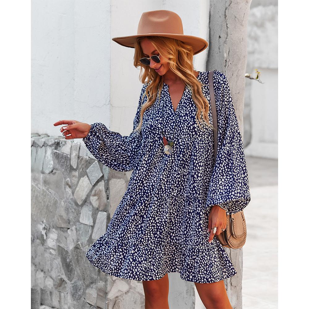 Women's Soft Lightweight Feminine Elastic Bohemian Leopard Speckled Print Long Lantern Sleeve V-Neck Tiered Ruffle Mini Dress - Comfortable Fit, Hip-Loose Flowy Tunic, Casual Wear for Day, Vacation