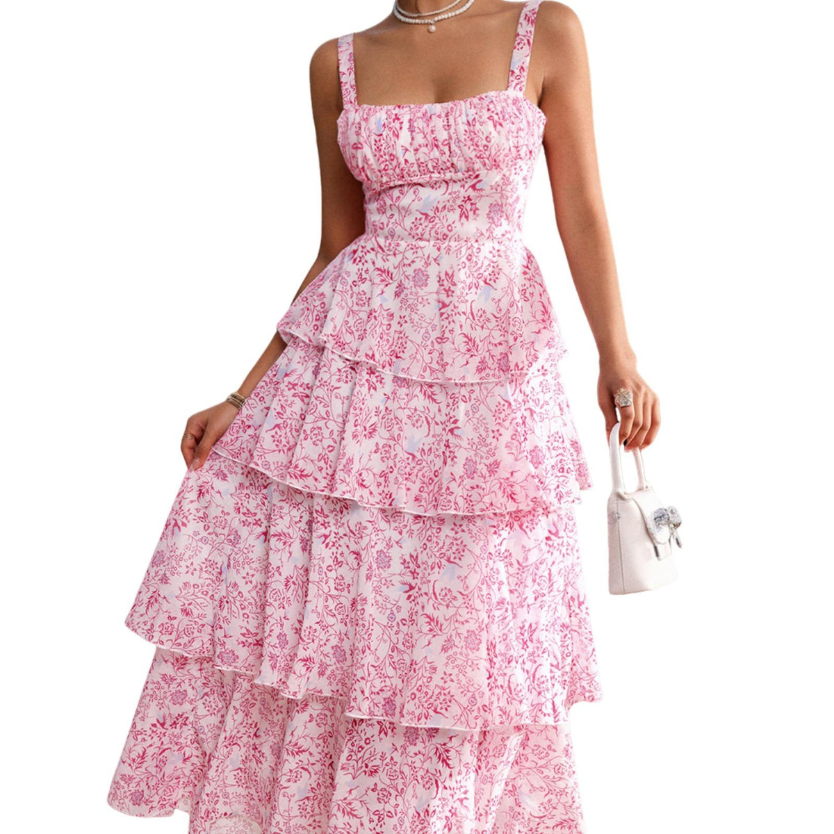 Women's Gorgeous Boho Floral Tiered Maxi Dress - Square Neck, Spaghetti Straps, Back Tie Bow, Cutout, Soft Ruffled Flowy Fabric, Adjustable, Comfortable Piece for Day Vacation Beach