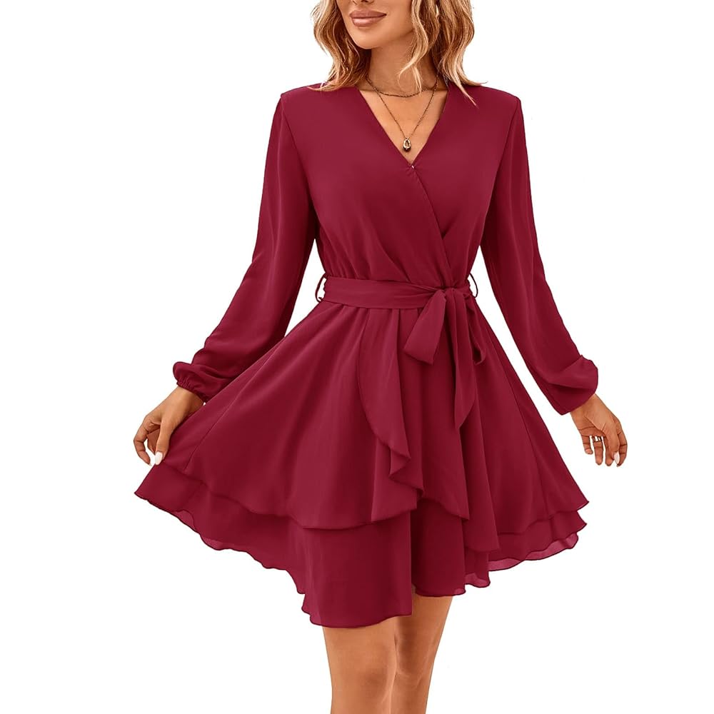 Women's Breathable Chic V-Neck Wrap Lantern Long-Sleeve Chiffon Dress - Belt Tie Waist, Layered Ruffle A-Line Mini Dress for Day, Evening, Casual Cocktail Occasions (Emerald Option Available)