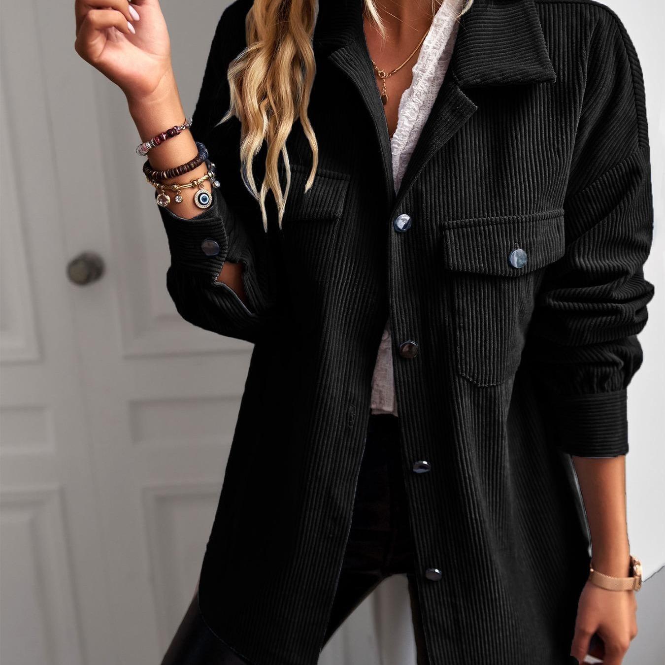 Women's Basic Plain Long Corduroy Shirt Jacket Coats - Collared Neck, Button-Down, Elegant Cuff Sleeves, Comfortable Loose Fit, Tops for Women, Office & Casual Commuter Outerwear with Elegance & Style