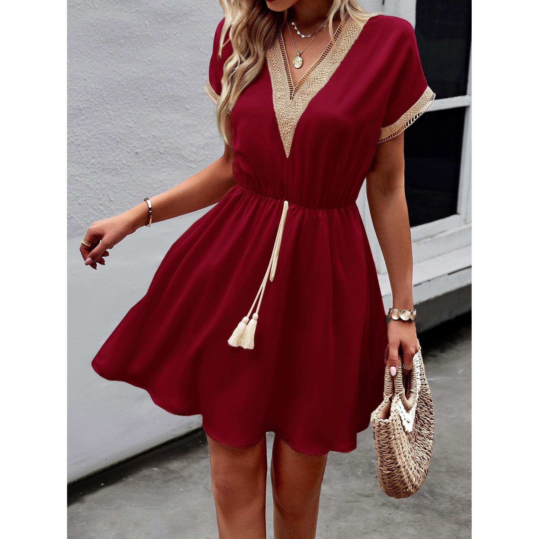 Women's Bohemian Casual Dress - Short Sleeve, Hollow Lace Trim, Tassel Drawstring Waist, Flowy, Elastic, Lightweight, Breathable, Casual Wear, Boho Style Outfit for Beach