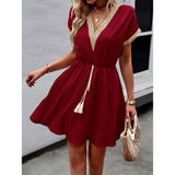 Women's Bohemian Casual Dress - Short Sleeve, Hollow Lace Trim, Tassel Drawstring Waist, Flowy, Elastic, Lightweight, Breathable, Casual Wear, Boho Style Outfit for Beach