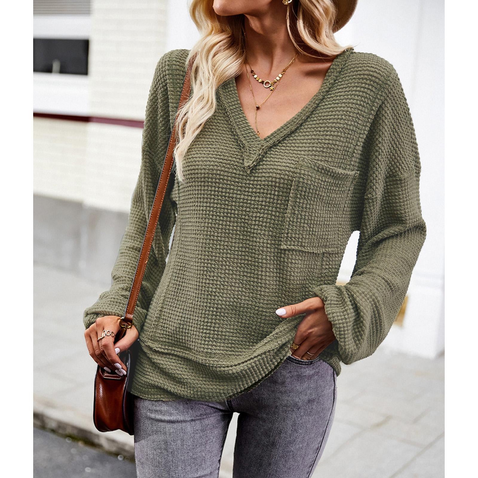 Women's Waffle Knit Raw Edge V-Neck Long Sleeve Blouse with Balloon Cuffs, Casual Loose Fit, Chest Pocket