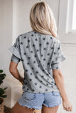 Gray Star Print Tiered Ruffled Sleeve Crew Neck T Shirt