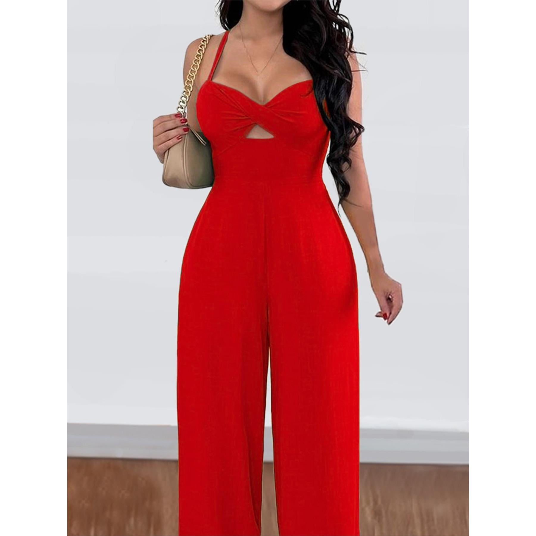 Women Spaghetti Strap Jumpsuit Twist Front Cutout Criss Cross Tie Back Wide Leg Elastic Waist Sleeveless Summer Party Romper
