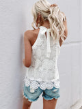 Women's Soft Cute Halter Neck Lace Tank Top - Sleeveless Denim Linen Cami, Bow Tie Back, Hollow Out Crochet, Breathable Fitted/Loose A-Line Summer Casual Beach Wear