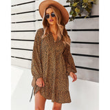 Women's Soft Lightweight Feminine Elastic Bohemian Leopard Speckled Print Long Lantern Sleeve V-Neck Tiered Ruffle Mini Dress - Comfortable Fit, Hip-Loose Flowy Tunic, Casual Wear for Day, Vacation