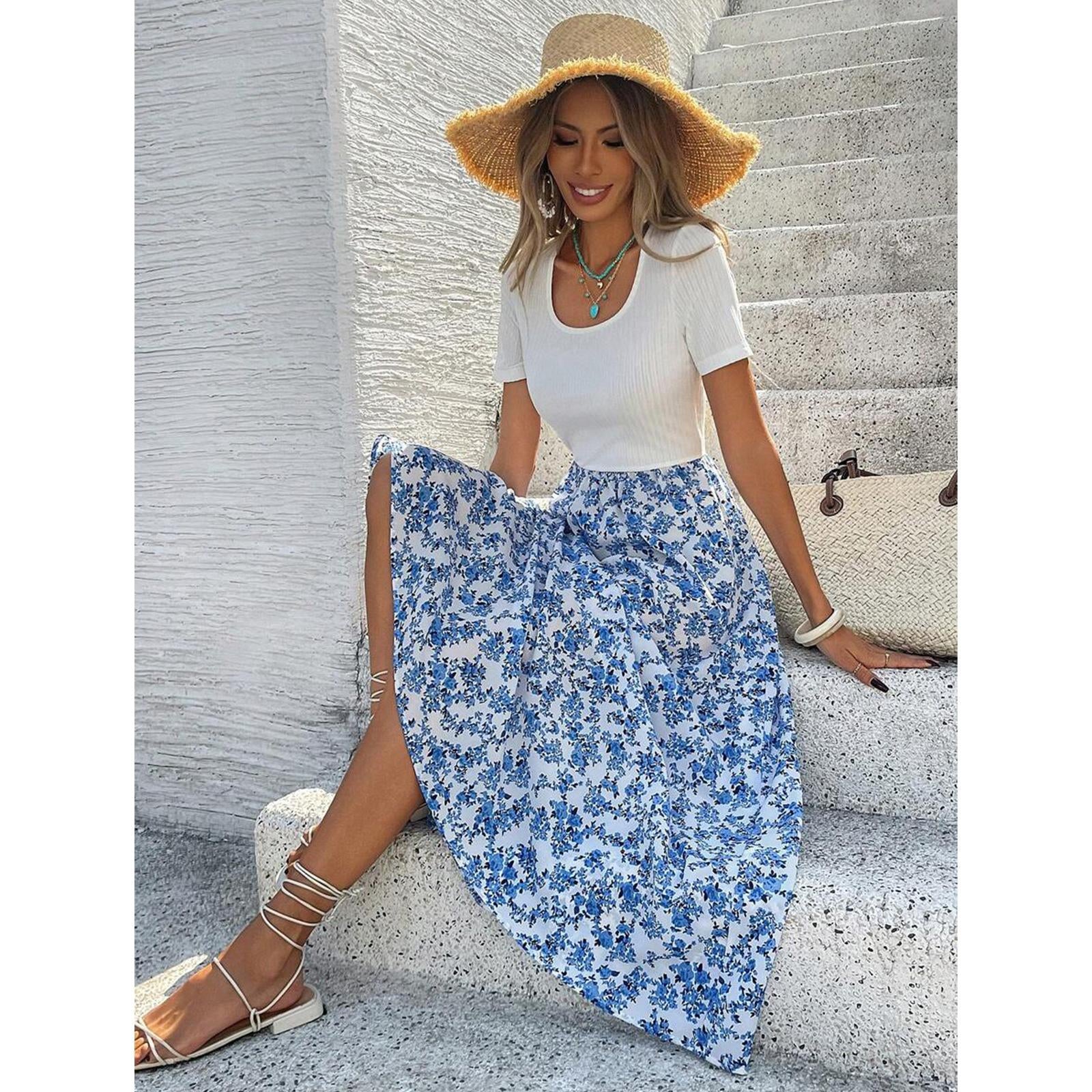 Women's Square Neck Short Sleeve Ribbed Knit High Waist Flowy Boho Midi Dress - Floral Accents Casual Dresses for Daily, Holiday Wear, Women's Dresses